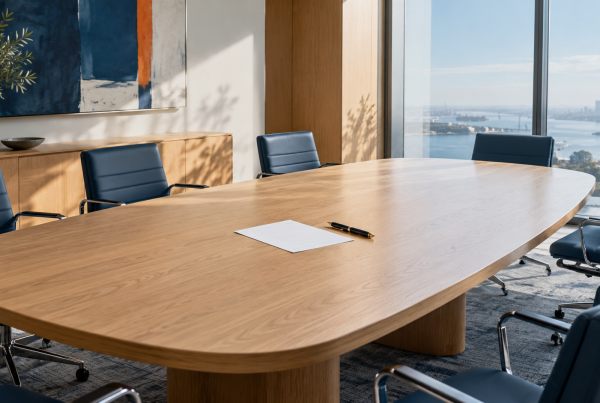 Empty boardroom table with an unsigned document and pen, a stalled decision that echoes S/4HANA delays